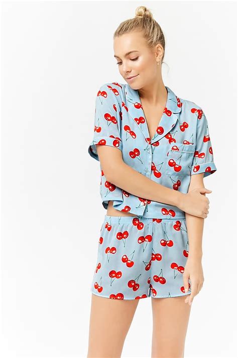 Satin Cherry Print Pajama Set Pajama Set Print Pajamas Night Wear Pajamas