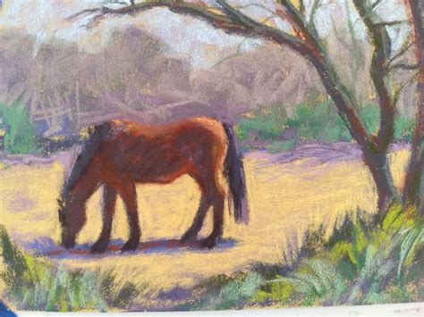 Horse In The Paddock Pastel Painting Of A Horse Having Breakfast