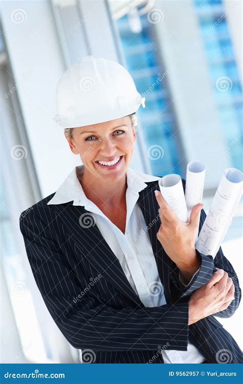 Portrait Of A Female Architect In A Hardhat Stock Image Image Of