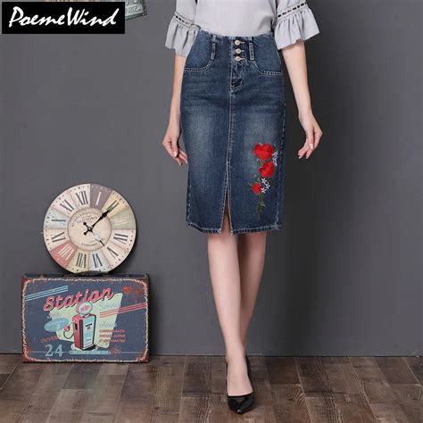 Poemewind Plus Size Floral Embroidery Denim Skirts Women Buttons Ladies Cotton Blue High Waist