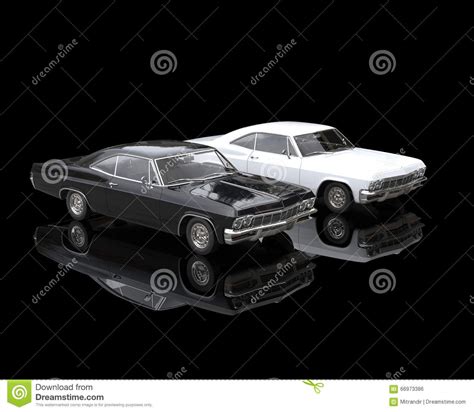 Black And White Classic Muscle Cars Stock Illustration