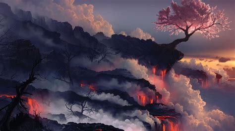 Cloud Eruption Lava Sunset Tree Volcano Wallpaper Resolution1366x768