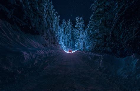 Bulgaria Kyustendil Winter Road Snow Forest Night Car Light