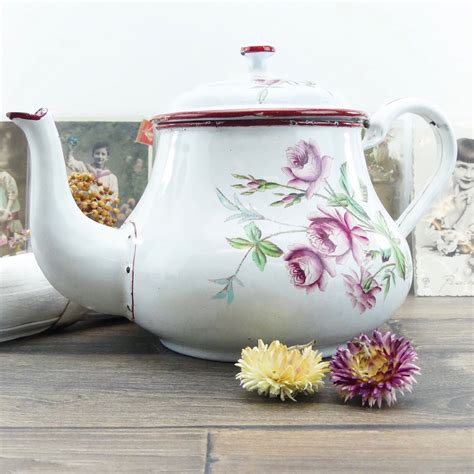 Enamel Tea Pot Antique Tea Pot Flowers Shabby Chic Kitchen