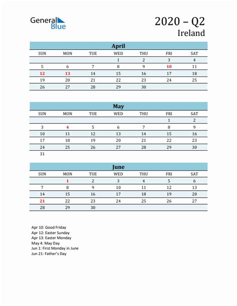 Q2 2020 Quarterly Calendar With Ireland Holidays Pdf Excel Word