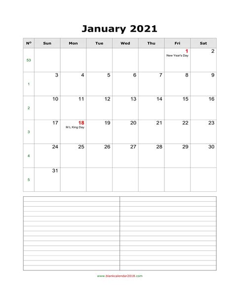 Blank Calendar For January 2021