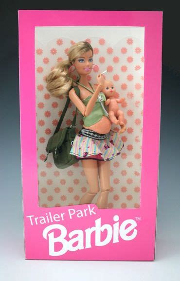 A Barbie Doll Holding A Teddy Bear In A Pink Frame With The Title Trailer Park Barbie