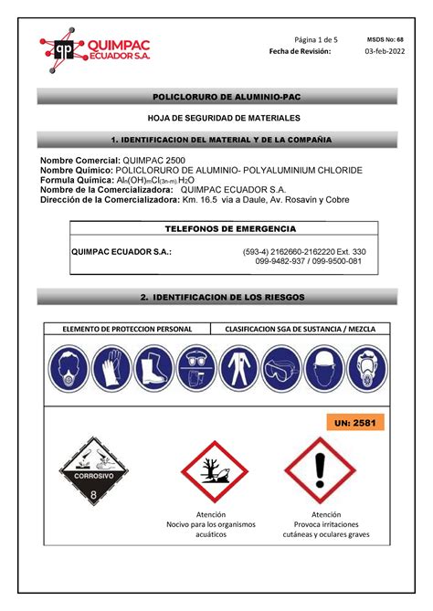 Hs 68 Policloruro De Aluminio Pac Quimpac 2500 Fecha De Revisión 03