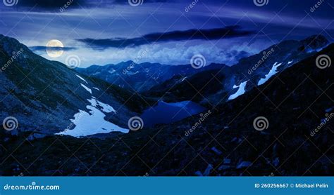 Panoramic View Of A Lake In Fagaras Mountains At Night Stock Image