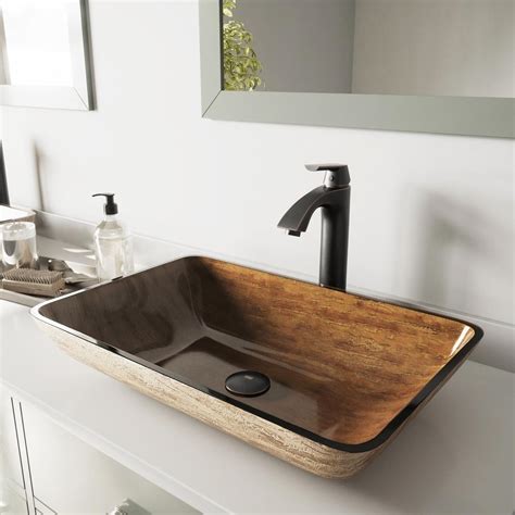 Oil rubbed bronze finish with solid brass construction. VIGO Glass Vessel Sink in Amber Sunset and Linus Faucet ...