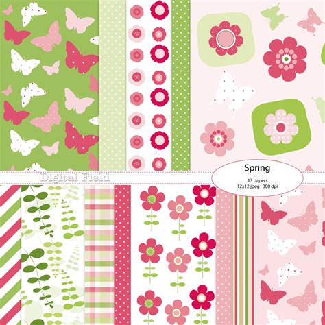 Spring Digital Scrapbooking Paper Pack Pink Green Flowers