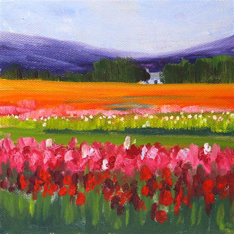 Small Landscape Oil Painting Original 6x6 Canvas Colorful Tulip