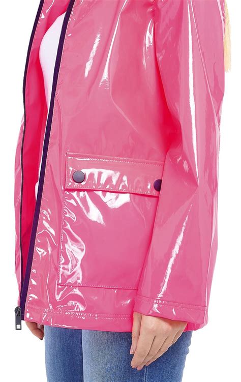 Womens Neon Pink High Shine Patent Finish Hooded Festival Mac Rain Coat
