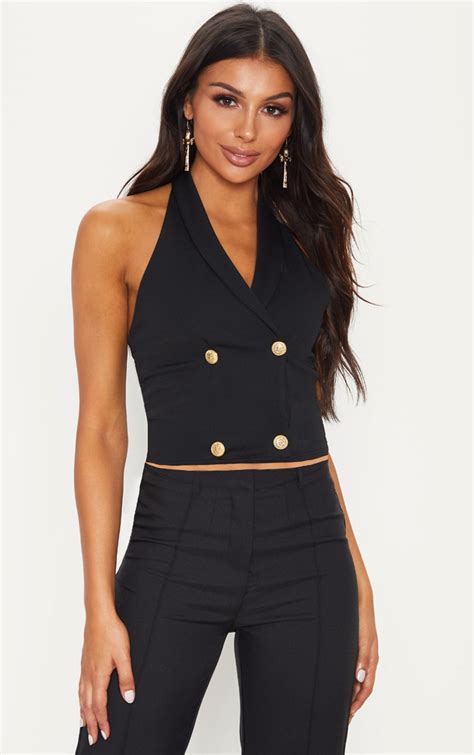 Black Halterneck Tuxedo Top Tops Prettylittlething Aus