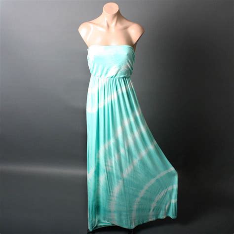 Teal Maxi Dress With Tie Dye Circles Strapless Mint Blue Bohemian Tie