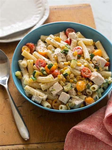 Grilled Chicken And Vegetable Pasta Salad Spoon Fork Bacon