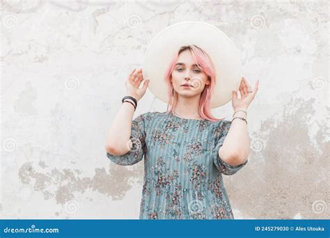 Comely Elegant Pretty Young Woman With Pink Hair In Blue Fashion