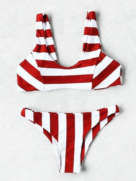 Red And White Striped Print Bikini Set Bikinis Printed Bikini Sets