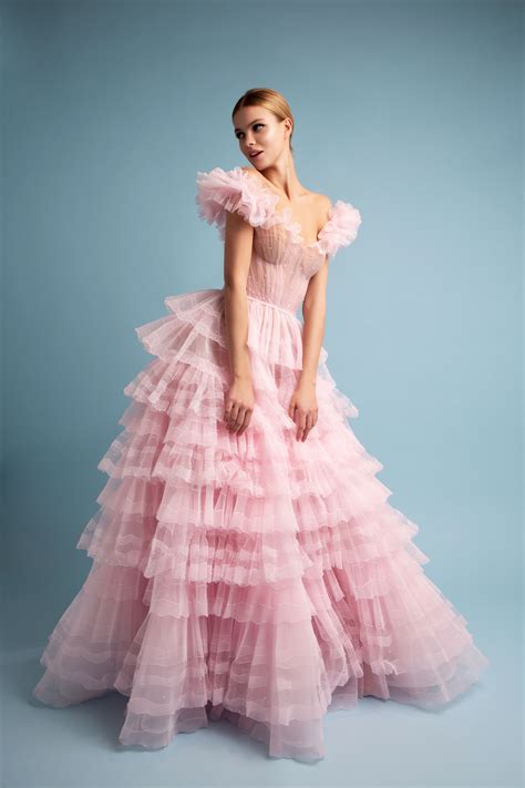 Pale Pink Tulle Ballgown Evening Dresses Tulle Dress Tulle Ruffle Dress