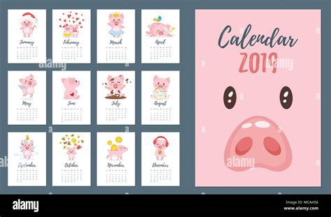 Vector Cartoon Style Illustration Of 2019 Pig Year Monthly Calendar
