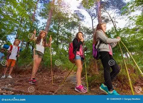 Group Of Kids On Hiking Trail Walking In Forest Stock Image Image Of
