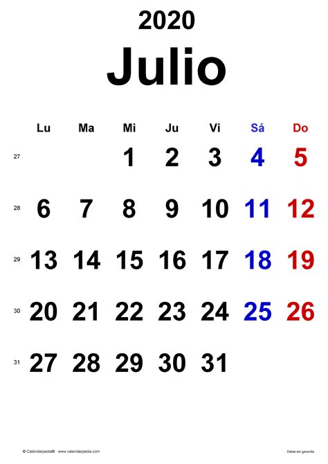 Calendario Julio 2020 En Word Excel Y Pdf Calendarpedia