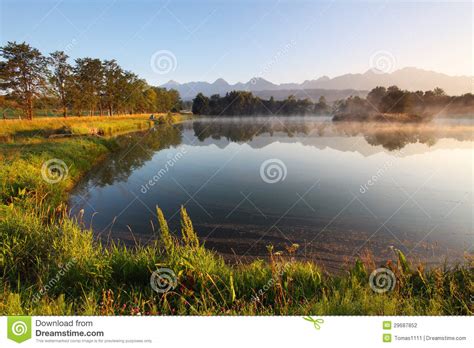 Nature Mountain Scene With Beautiful Lake In Slovakia Tatra Stock Photo