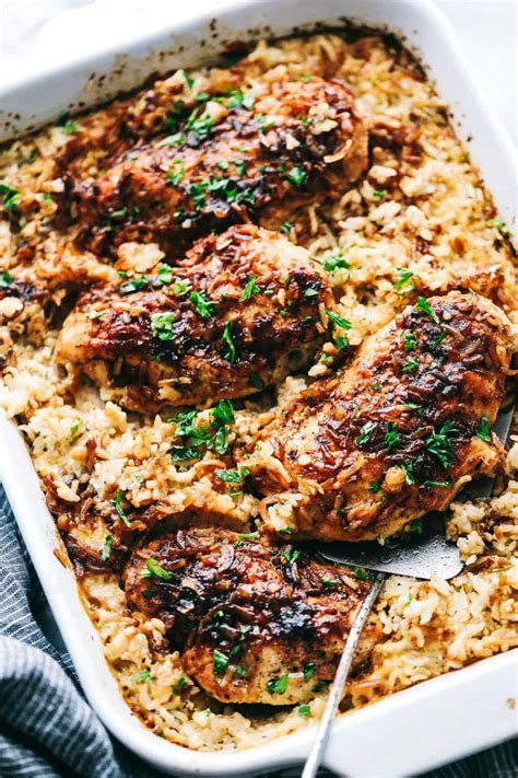 In a sauce pan combine 1 3/4 cup water, 2 chicken bouilion cubes, 1/3 cup chopped onion, 1 tsp parsley place chicken on top of rice with meaty side down this time and cover tightly with foil. No Peek Chicken and Rice Casserole Recipe | The Recipe Critic