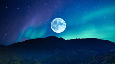 Full Moon 4k Wallpaper Aurora Borealis Night Time Mountain