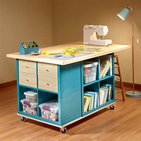 The shelves can hold your larger supplies and the drawers are perfect for knitting needles not only does it have plenty of desk space on top, but it also offers storage right under the top. 12 Awesome DIY Craft Tables With Free Plans - Shelterness