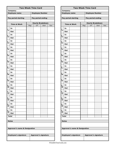 Two Week Time Card Template Two Per Page Download Printable Pdf