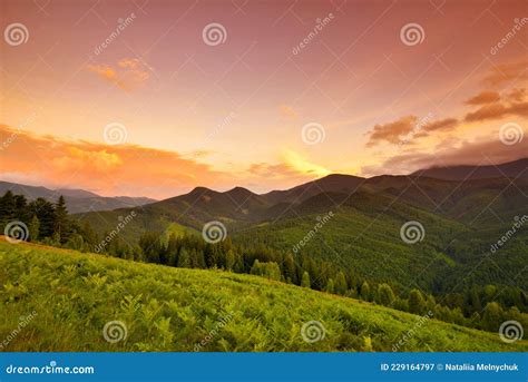 Beautiful Summer Sunset Scene In The Mountains With Spectacular Sky And