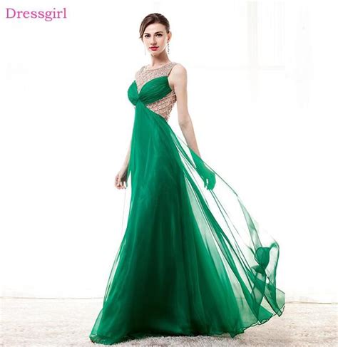 Green Prom Dresses A Line Chiffon Beaded Crystals See Through Sexy