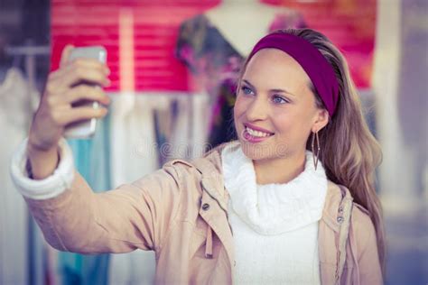 Smiling Woman Taking Selfies Stock Photo Image Of Consumerism Sale