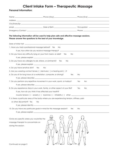 Therapists can download the printable massage intake form and use it to get the required information from clients. FREE 4+ Therapy Intake Forms in PDF | MS Word