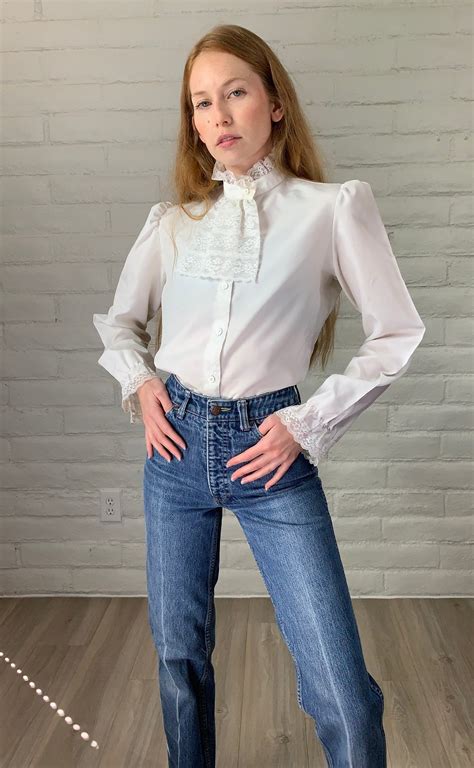 vintage 1980s blouse ruffle collar button front 80s shirt etsy