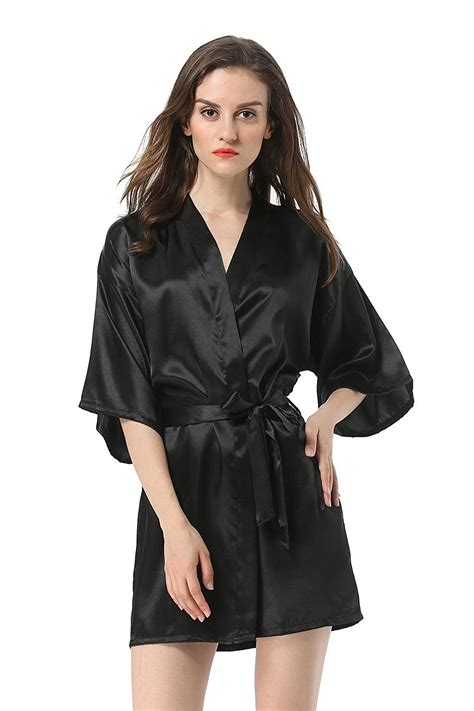 Womens Satin Plain Short Kimono Robe Bathrobe Black Cx12o5la8ub