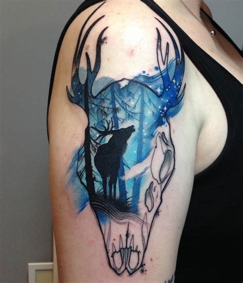 Deer And Skull On Girls Upper Arm Best Tattoo Design Ideas