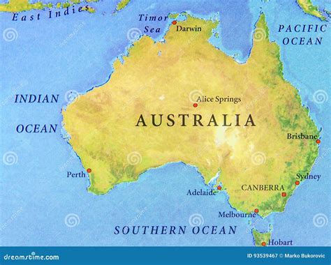 Geographic Map Of Australia With Important Cities Stock Image Image