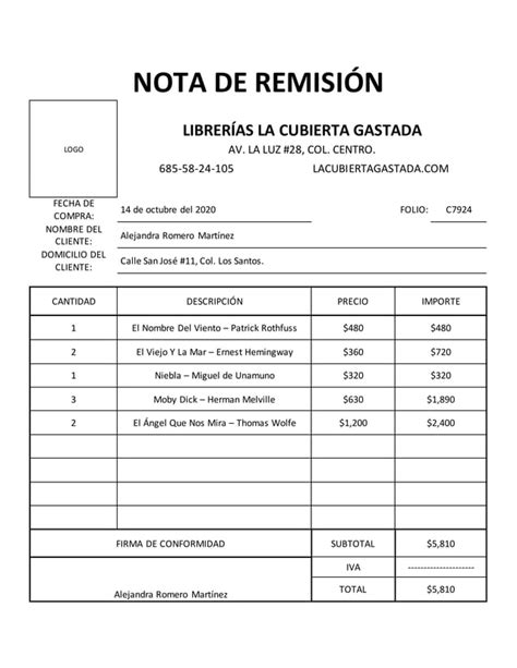 Ejemplo Nota De Remisión Pdf