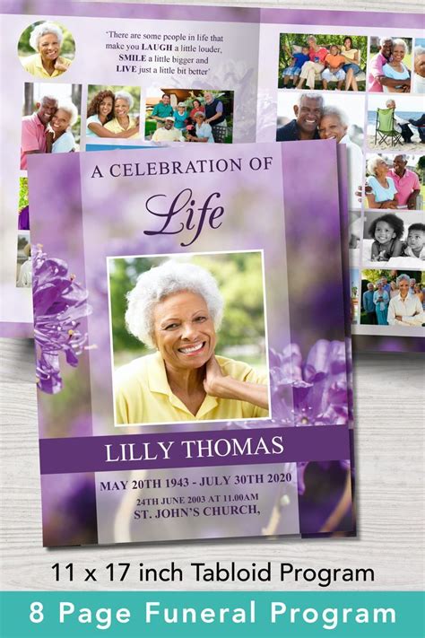 8 Page Purple Flowers Funeral Program Template 11 X 17 Inches