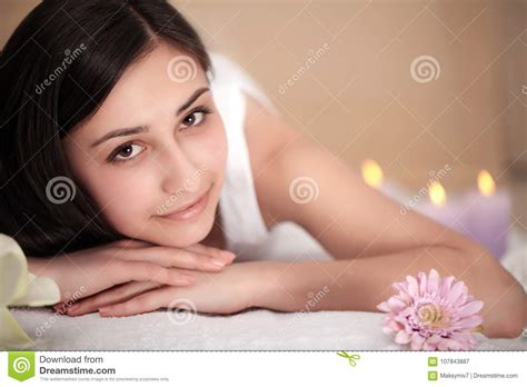 Spa Massage Beautiful Brunette Gets Spa Treatment In Salon Stock Image Image Of Person