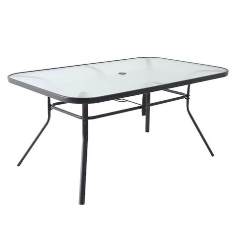 It consists of a table with an umbrella in the middle, which can be folded down when not in use. Garden Treasures Pelham Bay Rectangle Outdoor Dining Table ...