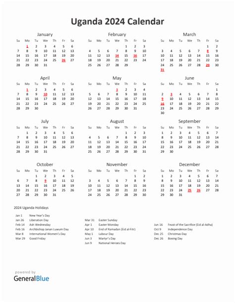 2024 Uganda Calendar With Holidays