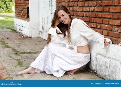 The Young Girl Near A Brick Wall Stock Image Image Of Natural