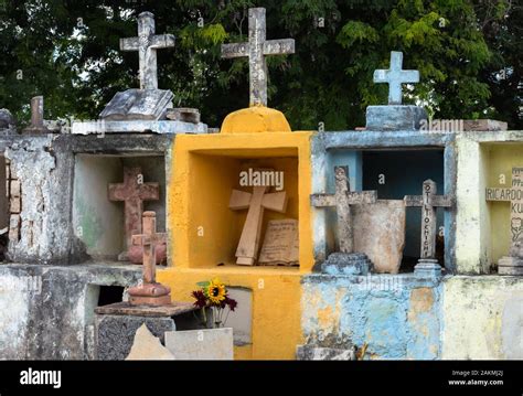 Colorful Tombs At A Cemetery In The Little Mayan Village Of Dzitya