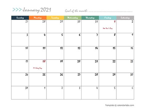 2021 Monthly Calendar Design Free Printable Templates