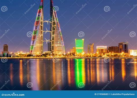 Bahrain Skyline During Night View Illumination And Reflection Editorial