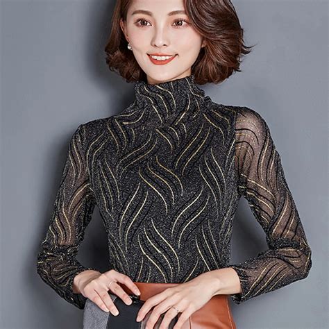 2017 autumn winter long sleeve turtleneck gold shiny mesh blouses women plus fleece warm mesh