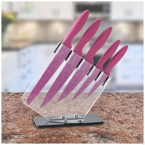 Pink Knife Set 5 Knives And 1 Clear Acrylic Knife Block Kitchen Cutlery
